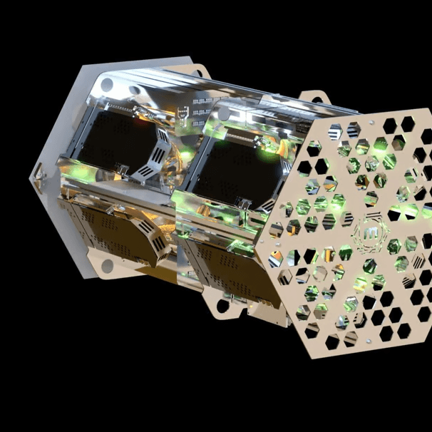 Close-up render of hexagonal modular computing unit — precision-engineered hardware