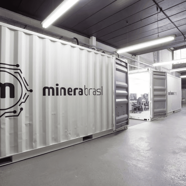 MineraBrasil branded shipping container — containerized computing infrastructure